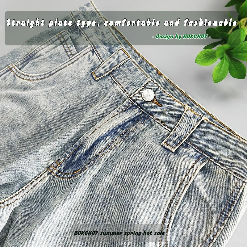 2024 Summer Spring New Vintage Soft Cotton Jeans for Men Clothing Washed Loose Straight Man Pants Baggy Jeans KK1013