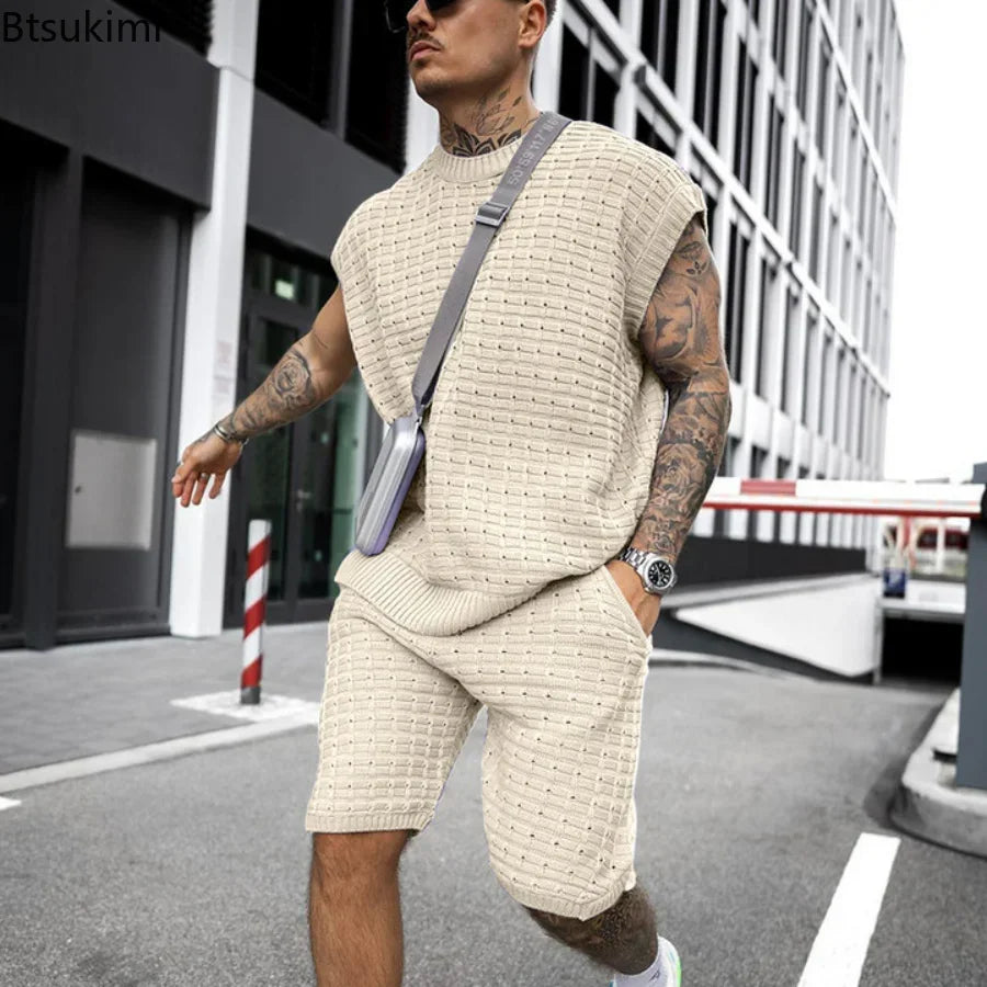 New 2024 Men's Two Pieces Casual Sets for Summer Solid Sleeveless Tops Shirts and Shorts Sets Male Streetwear Tracksuit Sets Men