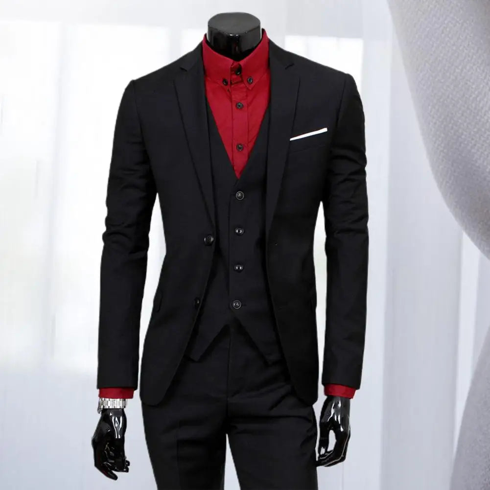 Men Skinny 3 Pieces Set Formal Slim Fit Business Suit Zipper Solid Male Groom Wedding Blazers Formal Jacket Coat Pants Vest