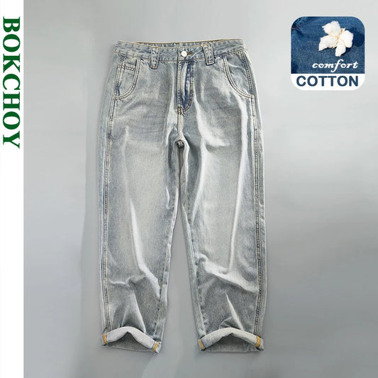 2024 Summer Spring New Vintage Soft Cotton Jeans for Men Clothing Washed Loose Straight Man Pants Baggy Jeans KK1013