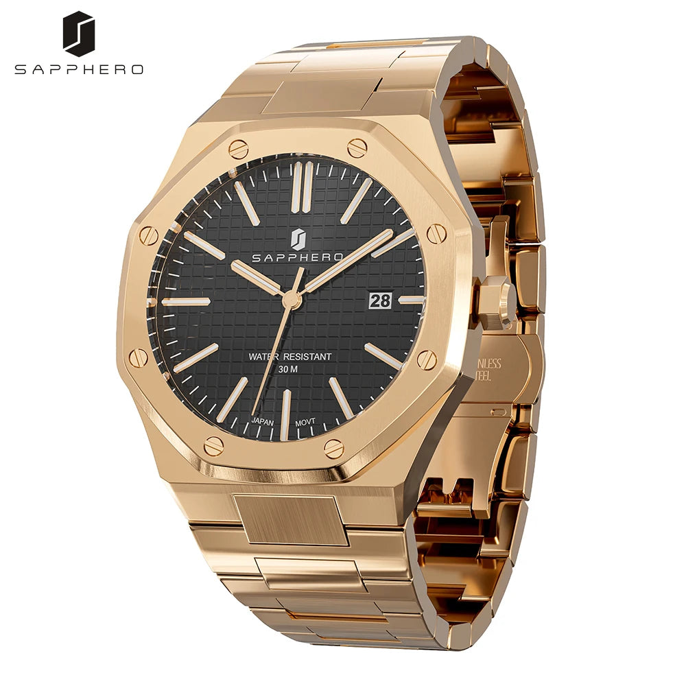 SAPPHERO Rose Gold For Men Octagonal Design Watch 30M Waterproof Luxury Quartz Watch Mens Business Fashion Watch