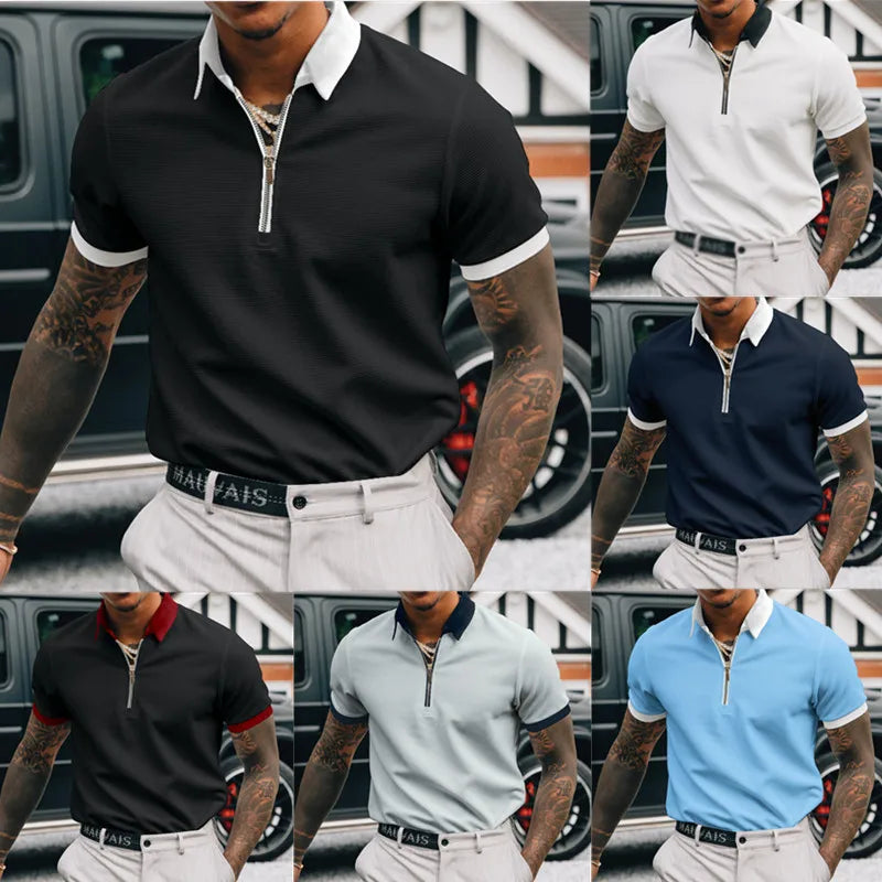 Men's Summer Casual Zipper Stand Collar Polo Shirt Fashion Quick Dry Short Sleeve Tee Top Sports T-Shirt Man Sweatshirt Clothing