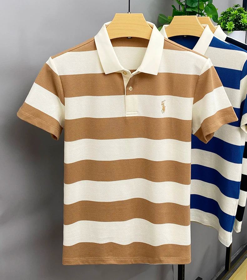 Summer High Quality Lapel POLO Shirt Short Sleeve Men's Breathable Fashion Striped Color Block Embroidered Business Casual Top