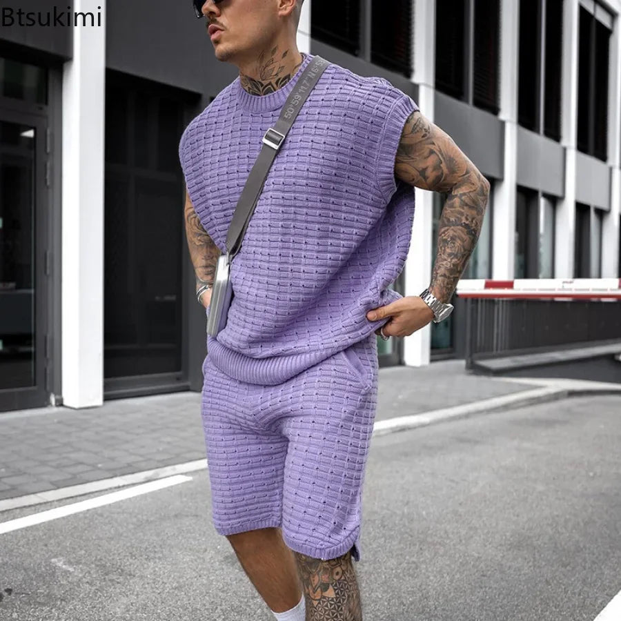 New 2024 Men's Two Pieces Casual Sets for Summer Solid Sleeveless Tops Shirts and Shorts Sets Male Streetwear Tracksuit Sets Men