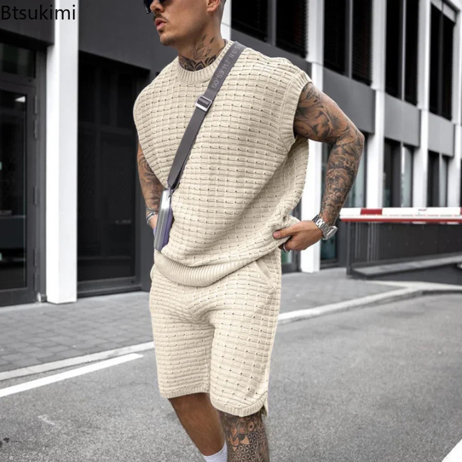 New 2024 Men's Two Pieces Casual Sets for Summer Solid Sleeveless Tops Shirts and Shorts Sets Male Streetwear Tracksuit Sets Men