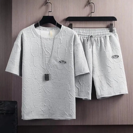 Summer Tshirt Shorts 2 Pieces Set Men Vintage Streetwear Short Sleeves Loose Drawstring Men Sets Short Outfits