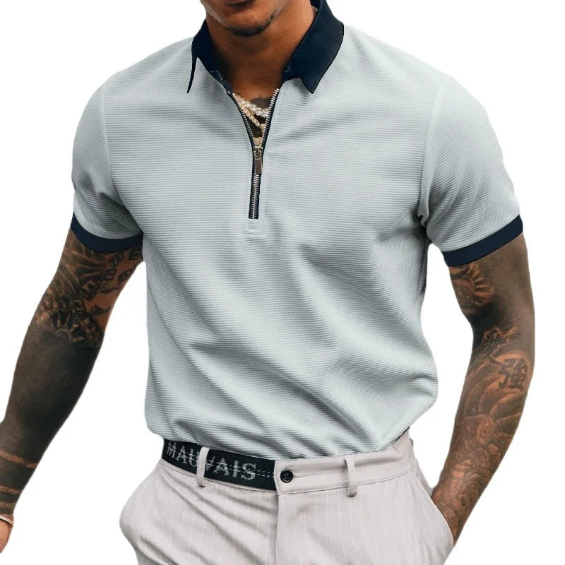 Men's Summer Casual Zipper Stand Collar Polo Shirt Fashion Quick Dry Short Sleeve Tee Top Sports T-Shirt Man Sweatshirt Clothing